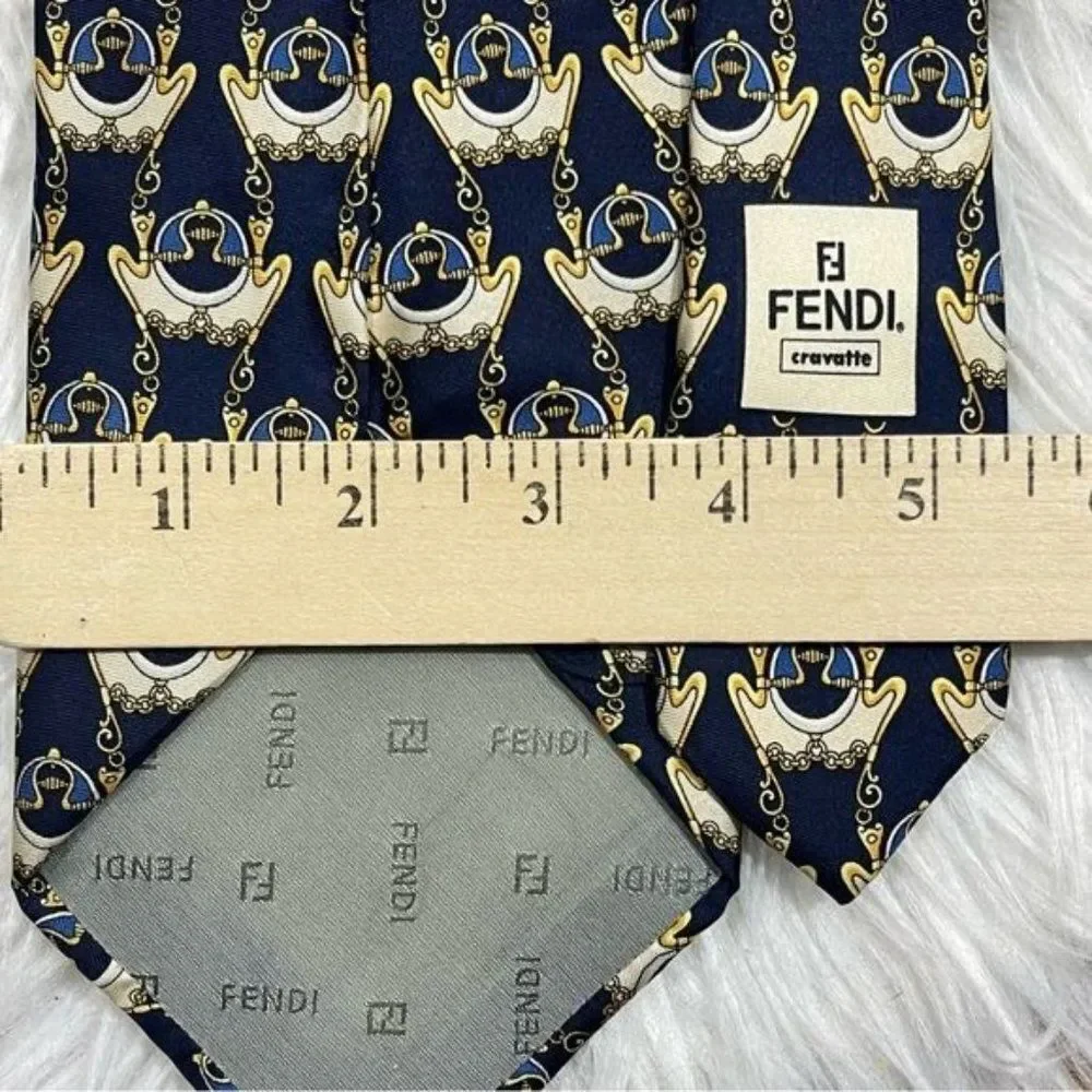 FENDI Tie Men's Classic 100% Silk Blue‎ Gold One Size